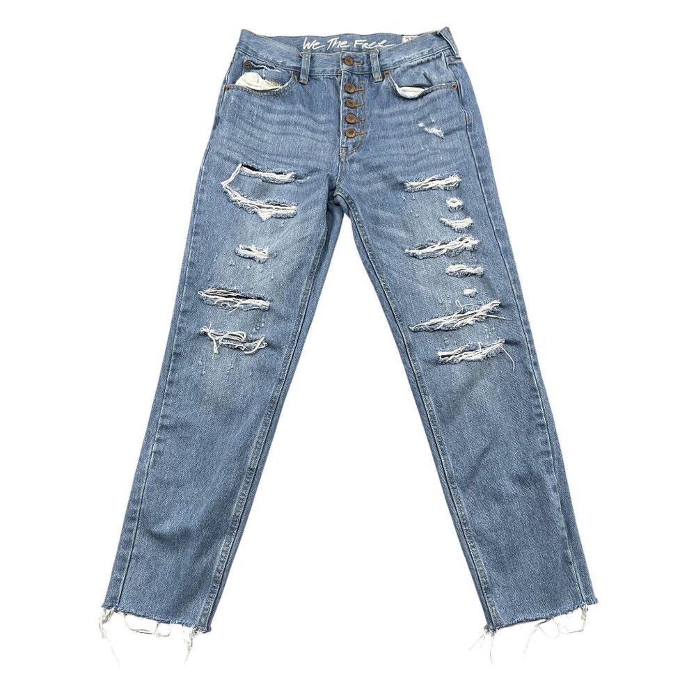 We‎ the Free Jeans Womens 25 Blue High Rise Distressed Exposed Button Fly Light